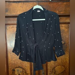 EUC Dodo Bar Or- Black Tie-Front Blouse with Silver Bead Accents. Size US 10